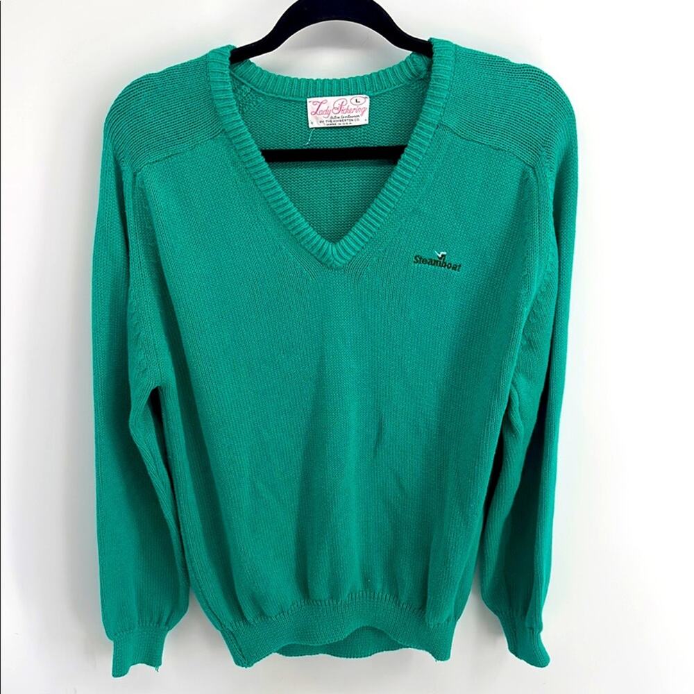 Vintage Lady Pickering Steamboat Colorado preppy banded V-neck sweater sz L